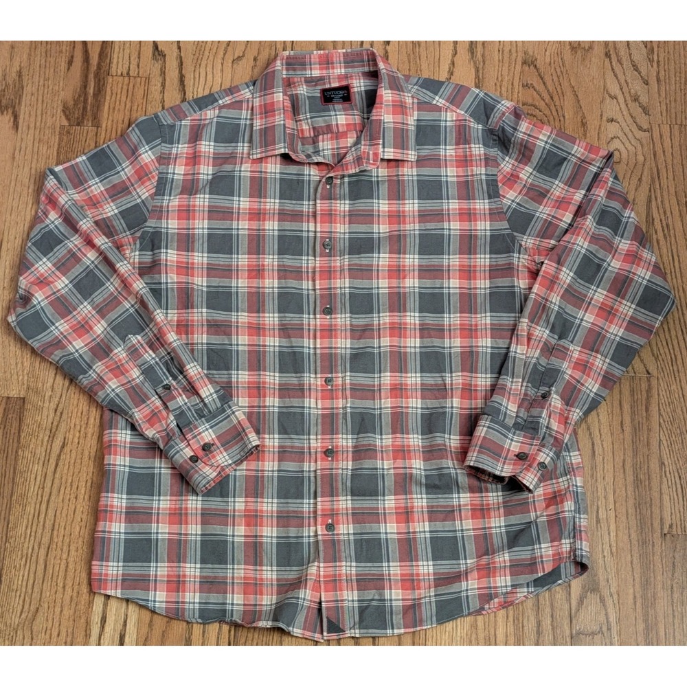 Untuckit Jadot Red Gray Plaid Cotton Long Sleeve Button Up Shirt Men's 2XL Slim